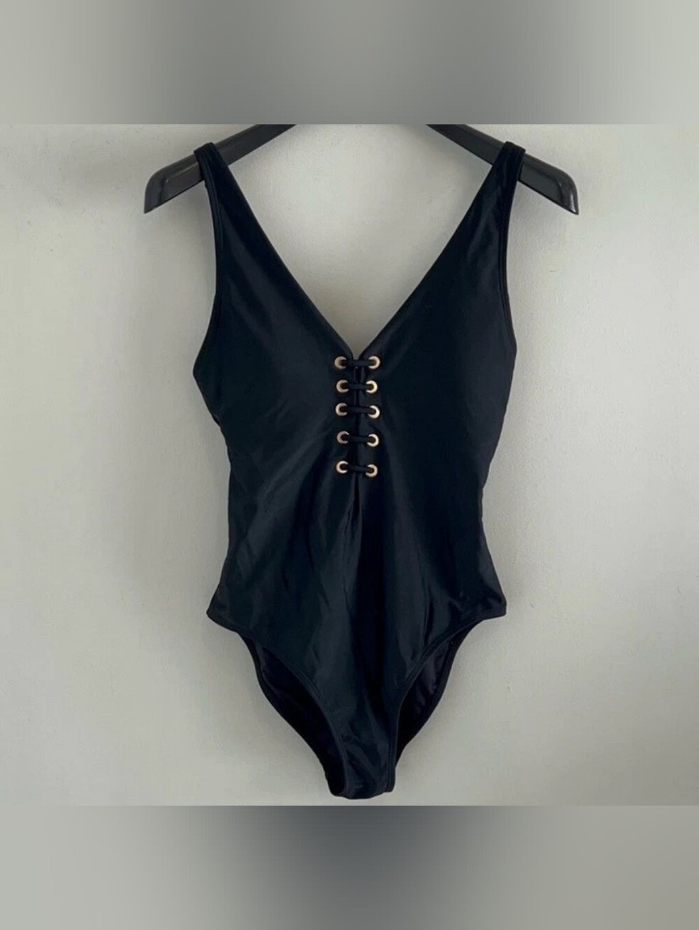 Black Lace-Up V-Neck One-Piece Swimsuit